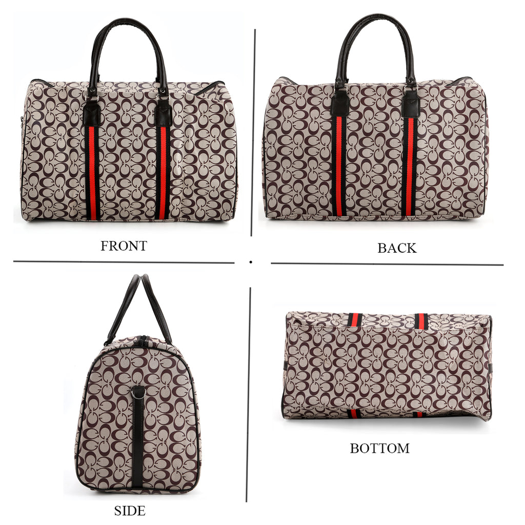 Monogram Pattern Travel Duffel Bag with Red Stripe Detail (50 x 30 cm) - Khaki_8233403_4
