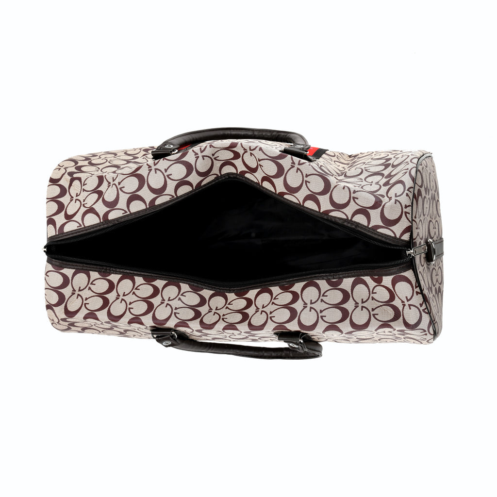 Monogram Pattern Travel Duffel Bag with Red Stripe Detail (50 x 30 cm) - Khaki_8233403_5