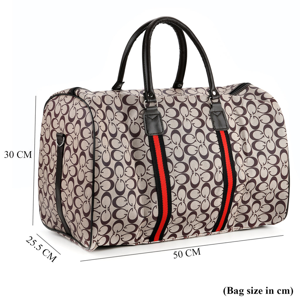 Monogram Pattern Travel Duffel Bag with Red Stripe Detail (50 x 30 cm) - Khaki_8233403_7