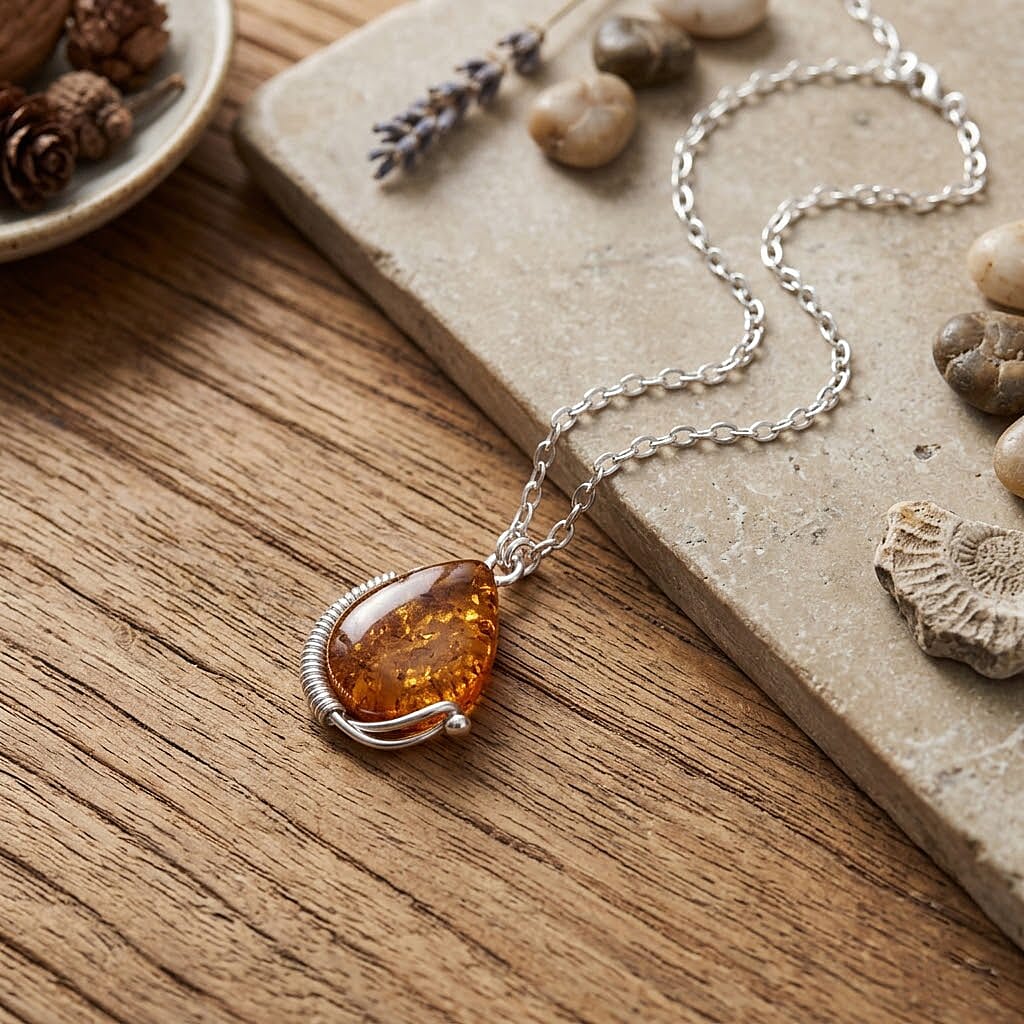 Amber Sterling Silver Necklace (Size - 20) 20.00 Ct, Silver Wt. 16.50 Gms V32518295 1
