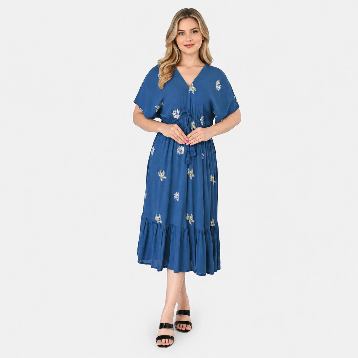 100% Viscose Floral V-Neck Midi Dress With Tassel Waist Tie (Size S-M, 8-14) - Cobalt Blue 8233783 0
