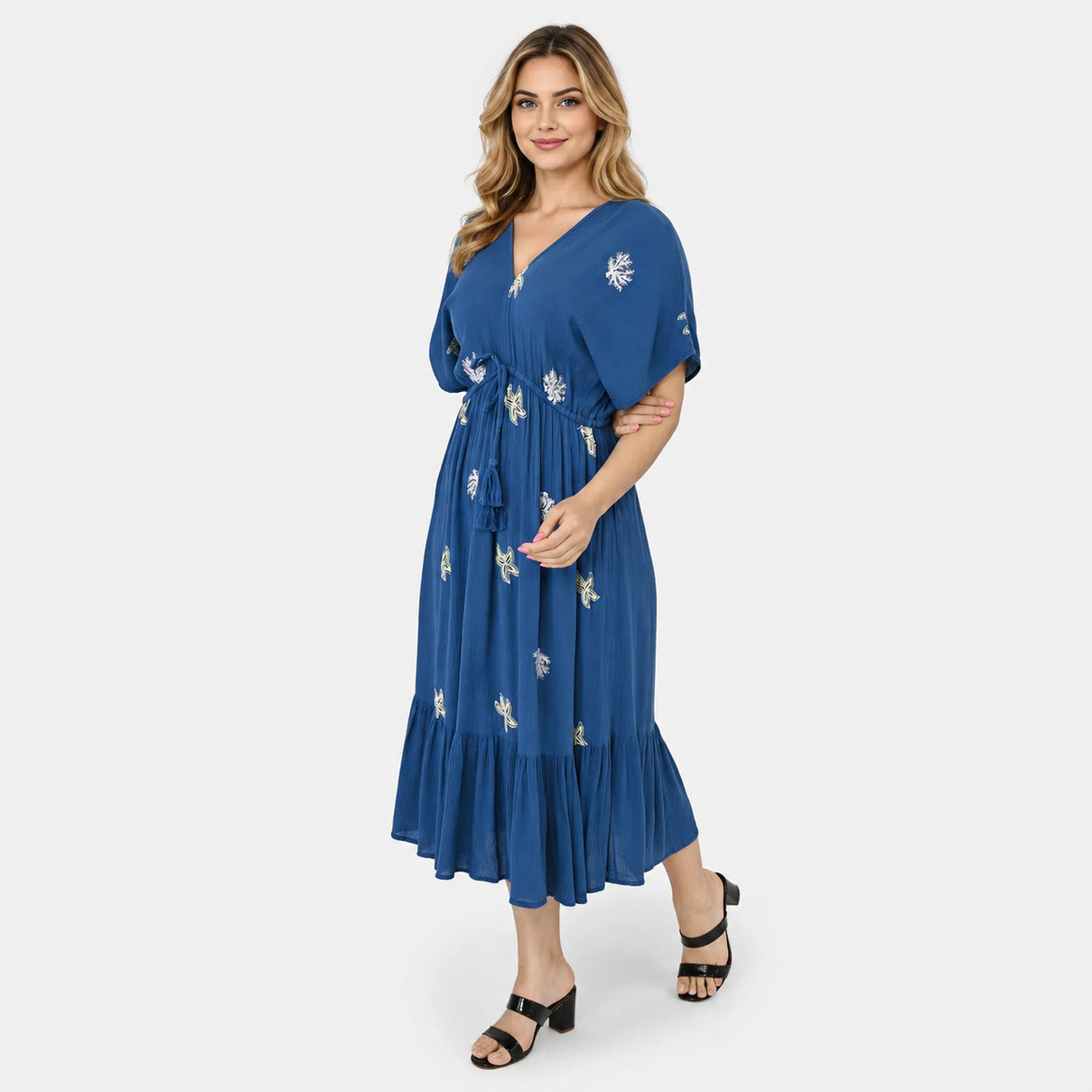 100% Viscose Floral V-Neck Midi Dress With Tassel Waist Tie (Size S-M, 8-14) - Cobalt Blue 8233783 3