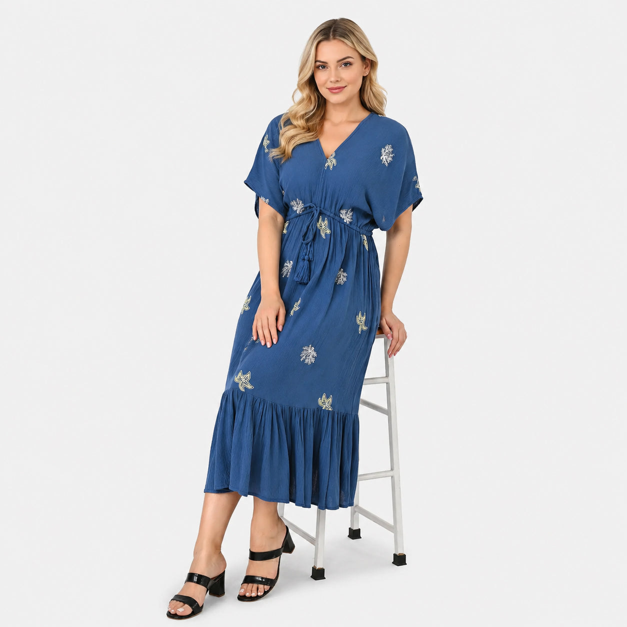100% Viscose Floral V-Neck Midi Dress With Tassel Waist Tie (Size S-M, 8-14) - Cobalt Blue 8233783 4