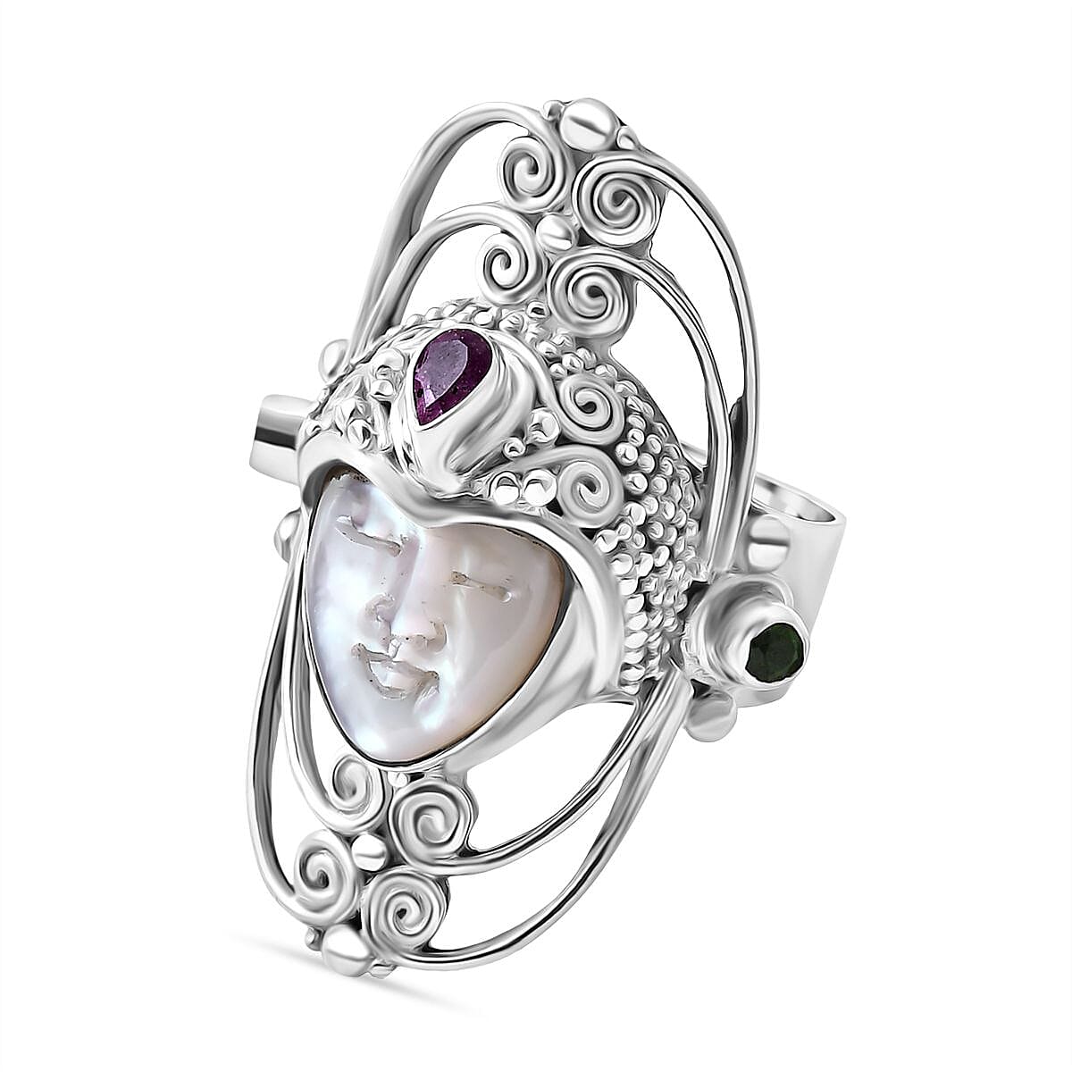 Mother Of Pearl, Natural Chrome Diopside &amp; Fissure Filled Pink Sapphire Goddess Ring in Sterling Silver 4.40 Ct, Silver Wt. 14.32 Gms. V32610182 0