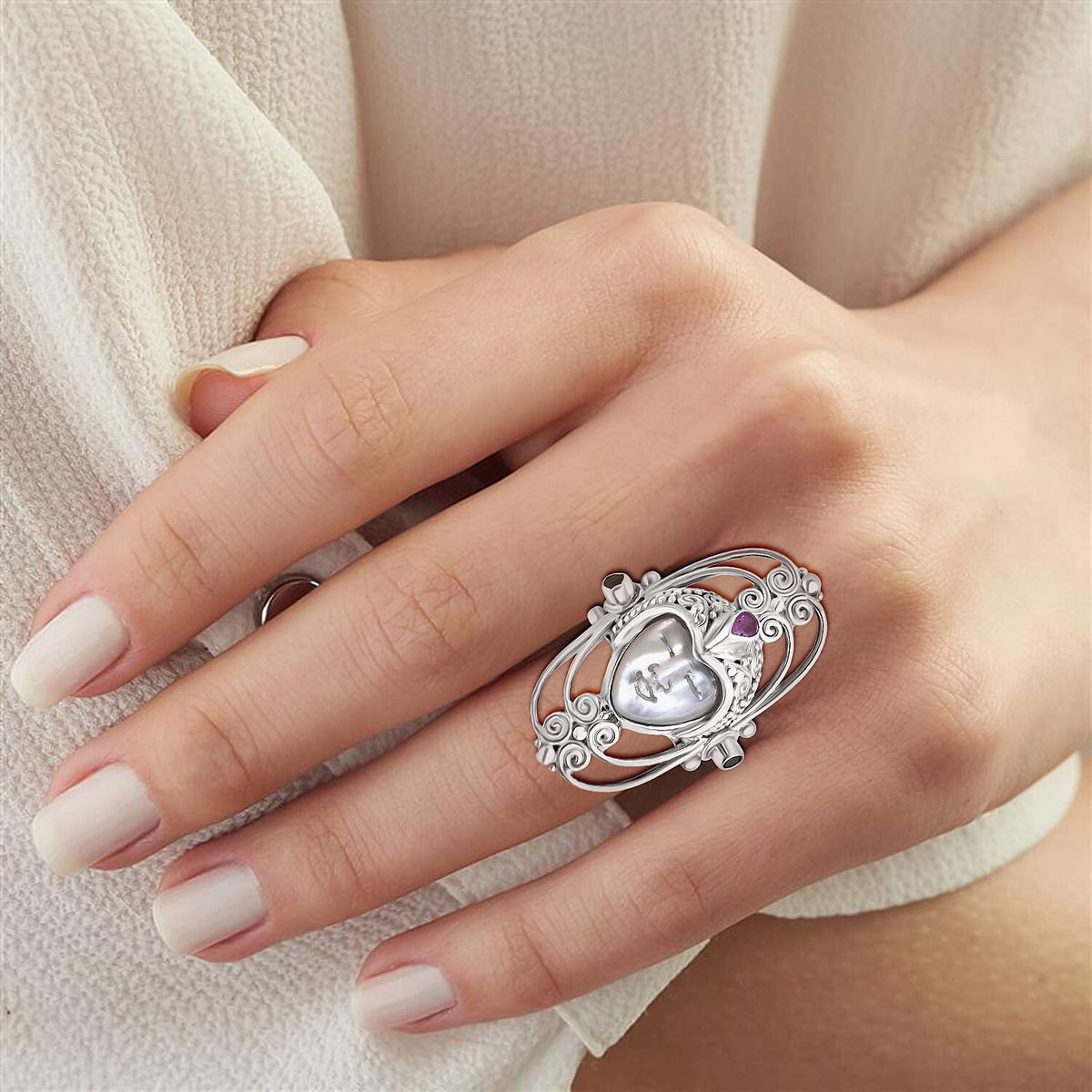 Mother Of Pearl, Natural Chrome Diopside &amp; Fissure Filled Pink Sapphire Goddess Ring in Sterling Silver 4.40 Ct, Silver Wt. 14.32 Gms. V32610182 2