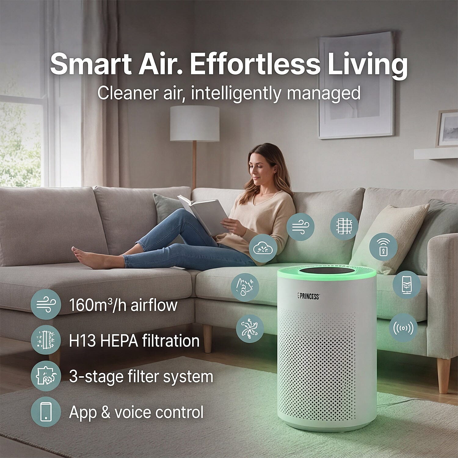 Princess Smart HEPA Air Purifier with App and Voice Control â€“ White, 3-Speed, H13 Filter 8234325 1