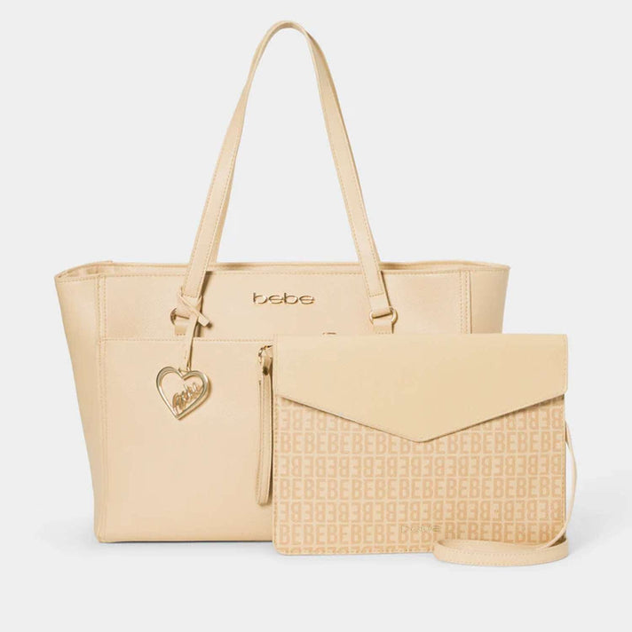 THE DESIGNER LAUNCH - BEBE Signature Tote - Clutch Set with Heart Charm - Beige 8234414 1