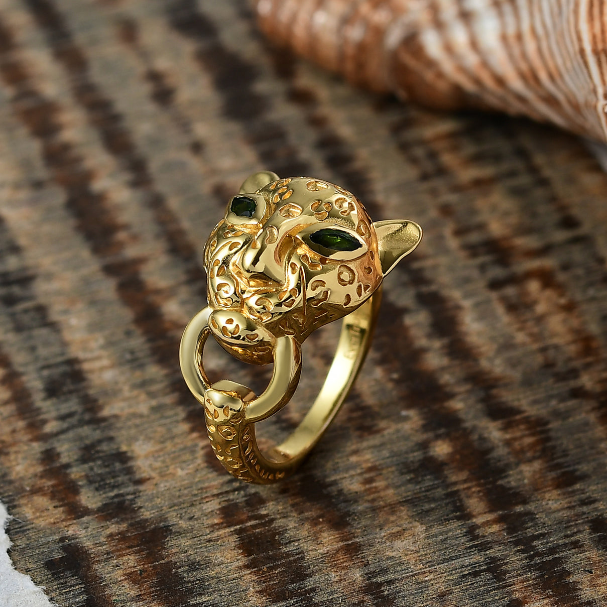 Designer Inspired - Natural Chrome Diopside Panther Ring in Yellow Gold Plated V32513069 2