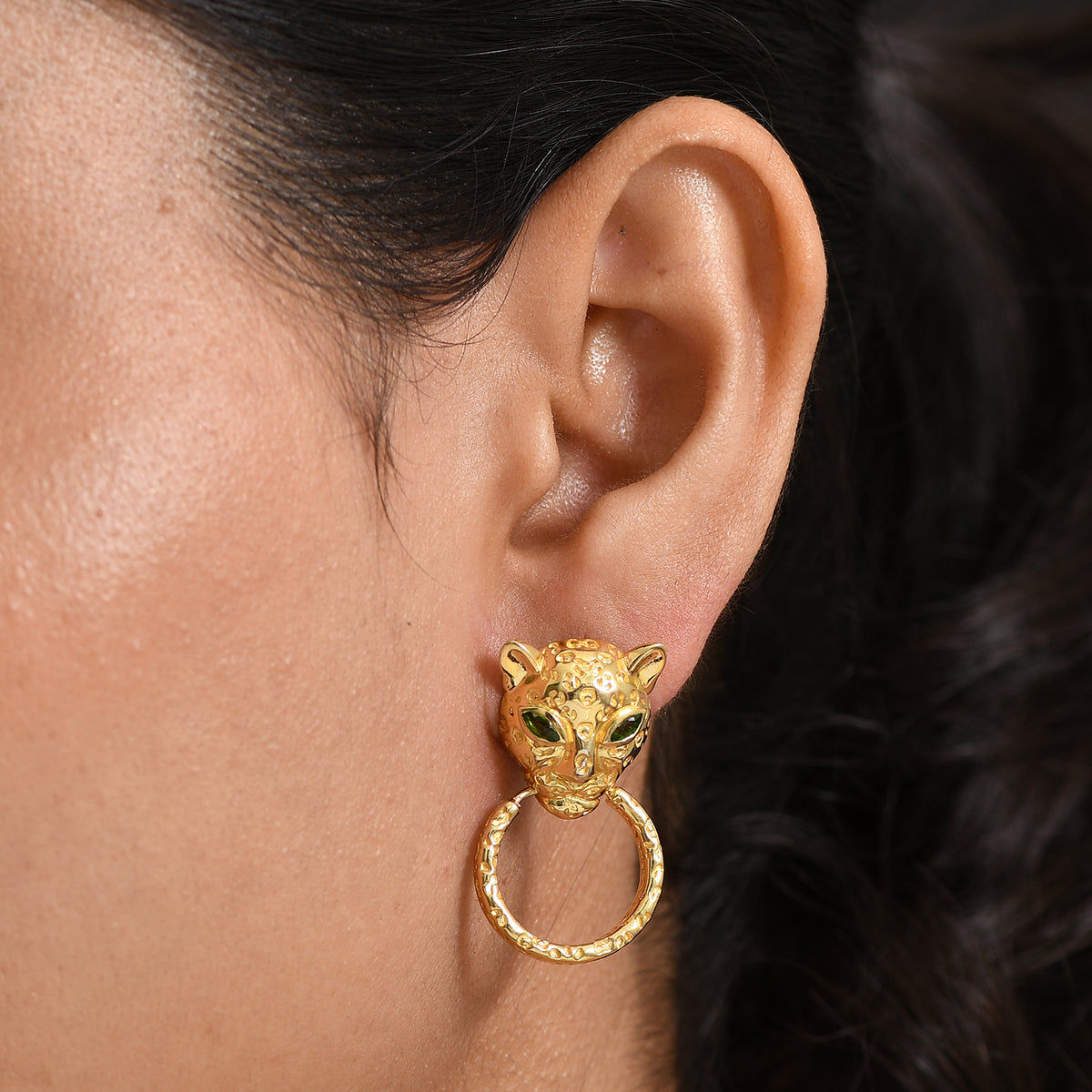 Designer Inspired - Natural Chrome Diopside Panther Earrings with Push Post in Yellow Gold Plated 8236054 3