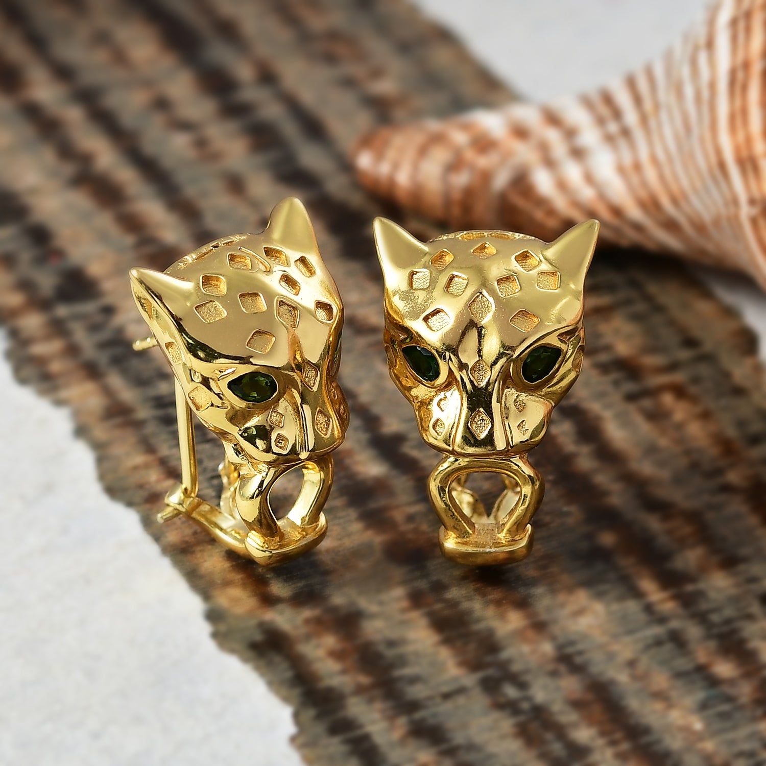 Designer Inspired - EverTrue - Natural Chrome Diopside Panther Earring with Omega Clip Back in Yellow Gold Plated V32526571 2