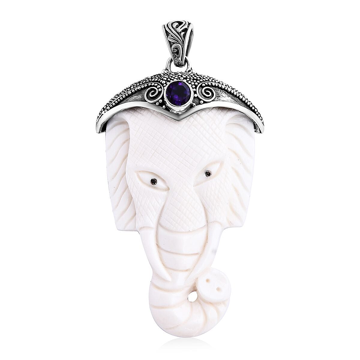 D'joy Royal Bali Collection Ox Bone and African Amethyst Elephant Pendant in Sterling Silver 54.81 Ct. 8237027 0