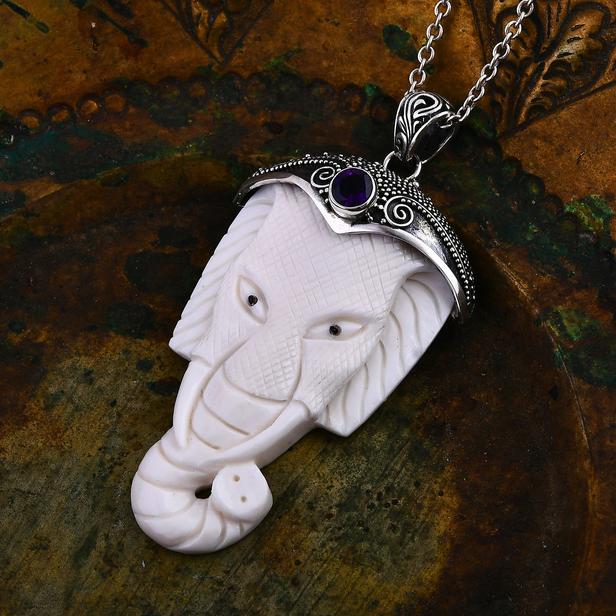 D'joy Royal Bali Collection Ox Bone and African Amethyst Elephant Pendant in Sterling Silver 54.81 Ct. 8237027 2