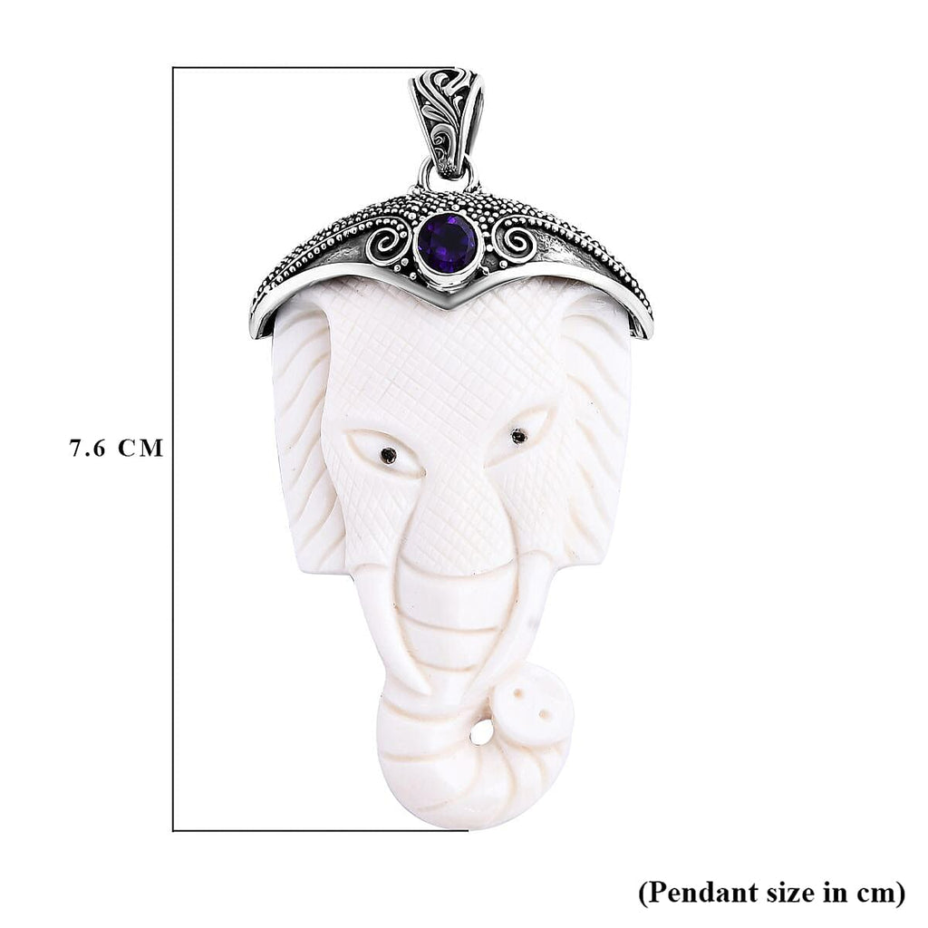 Royal Bali Collection Ox Bone & African Amethyst Pendant Sterling Silver 54.81 Ct