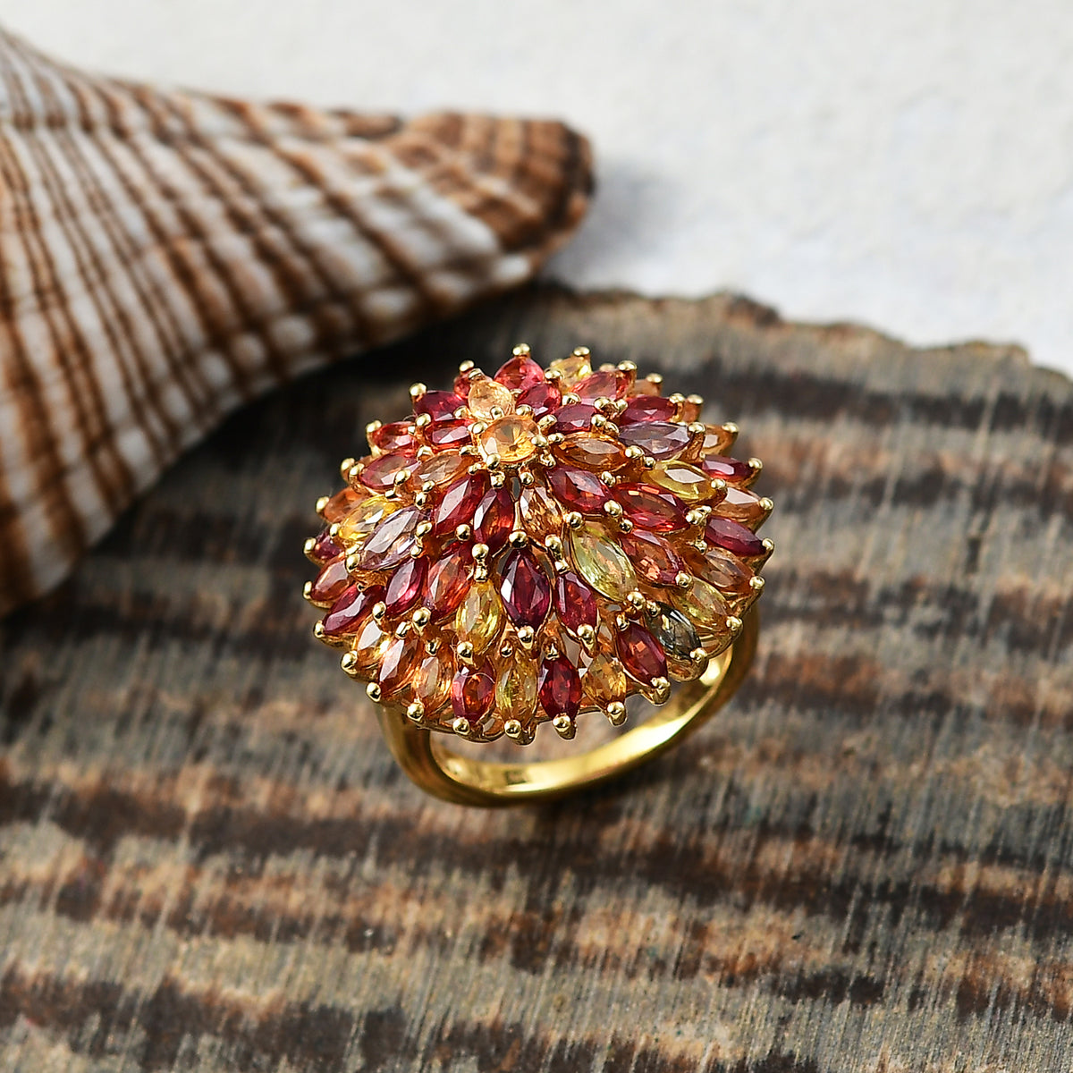 D'joy Multi Sapphire Cluster Ring in 18K Yellow Gold Vermeil Over Sterling Silver 7.85 Ct. V32530792 2