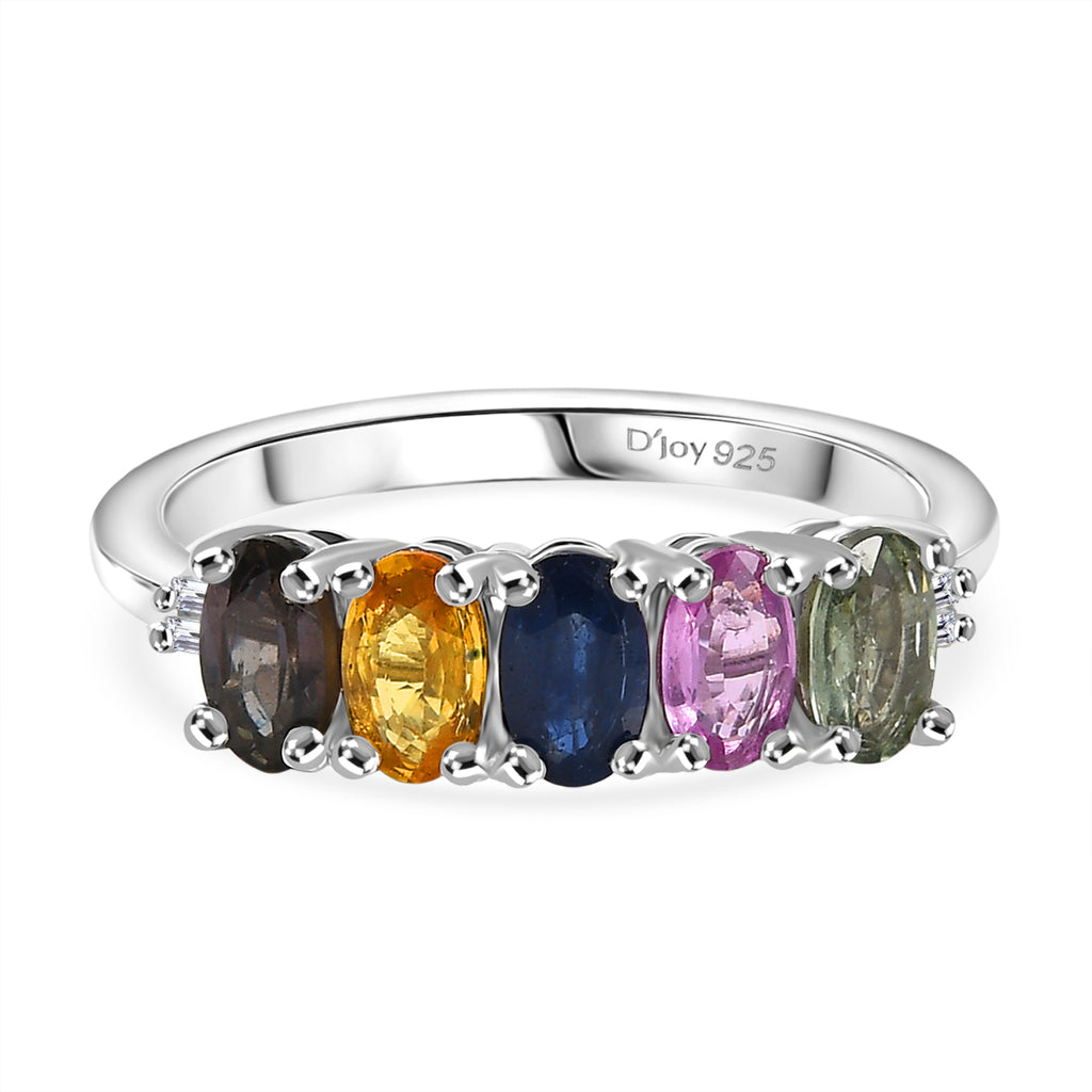 D'Joy Multi Sapphire & White Diamond 5 Stone Ring in Rhodium Overlay Sterling Silver 1.50 Ct._8238507