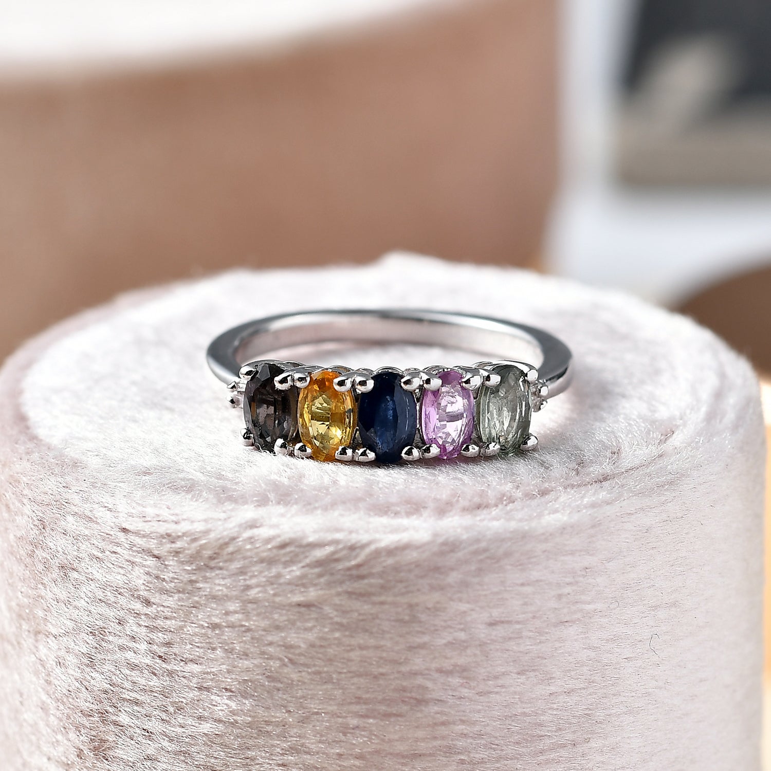 D'Joy Multi Sapphire &amp; White Diamond 5 Stone Ring in Rhodium Overlay Sterling Silver 1.50 Ct. 8238507 2