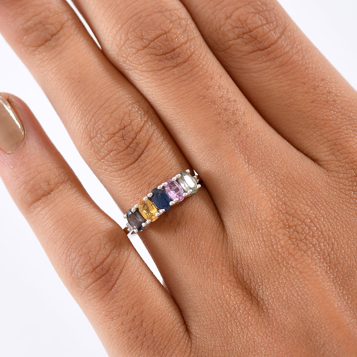 D'Joy Multi Sapphire &amp; White Diamond 5 Stone Ring in Rhodium Overlay Sterling Silver 1.50 Ct. 8238507 3