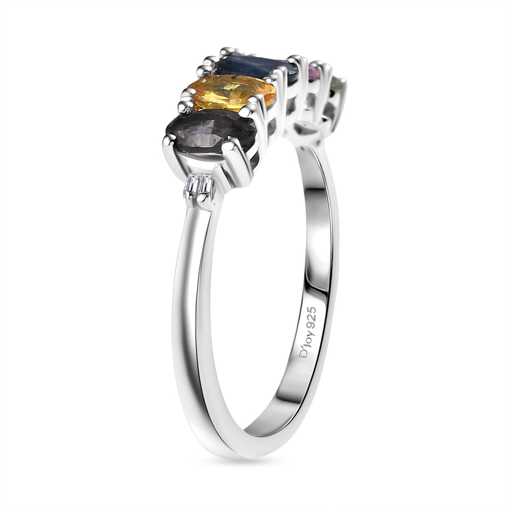 D'Joy Multi Sapphire & White Diamond 5 Stone Ring in Rhodium Overlay Sterling Silver 1.50 Ct._8238507_3