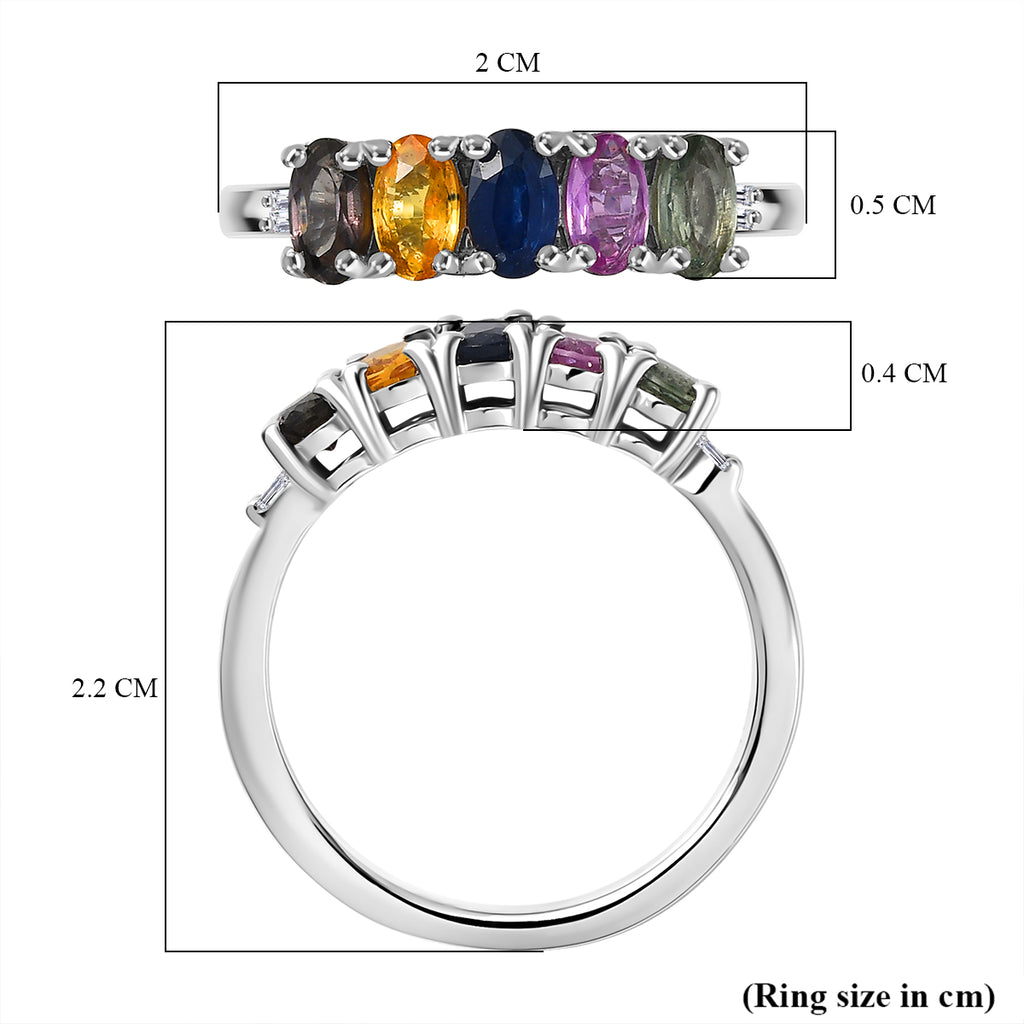D'Joy Multi Sapphire & White Diamond 5 Stone Ring in Rhodium Overlay Sterling Silver 1.50 Ct._8238507_5