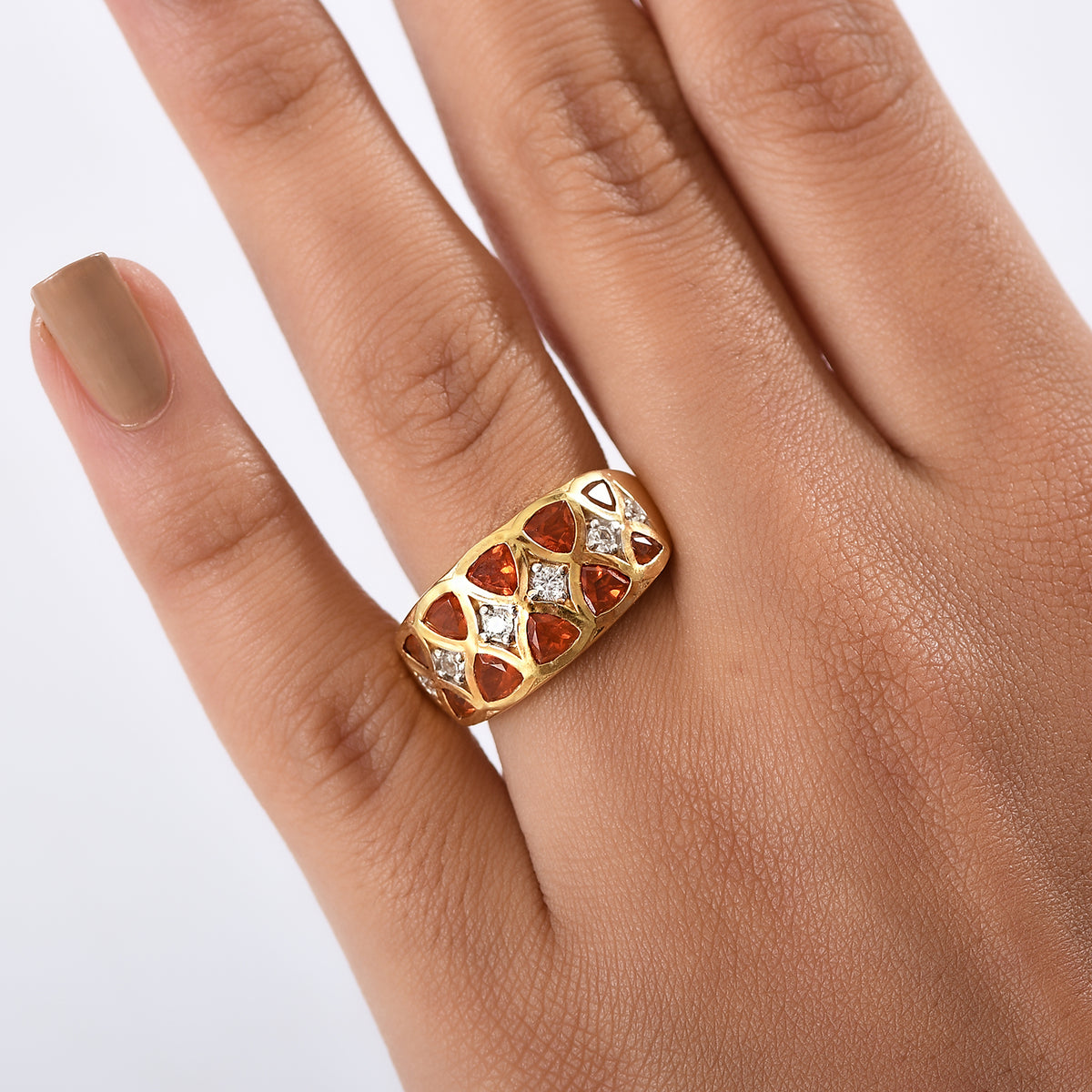 D'joy Fire Opal, White Zircon Geometric Mosaic Ring in 18K Vermeil Yellow Gold Over Sterling Silver 1.51 Ct. 8238986 3