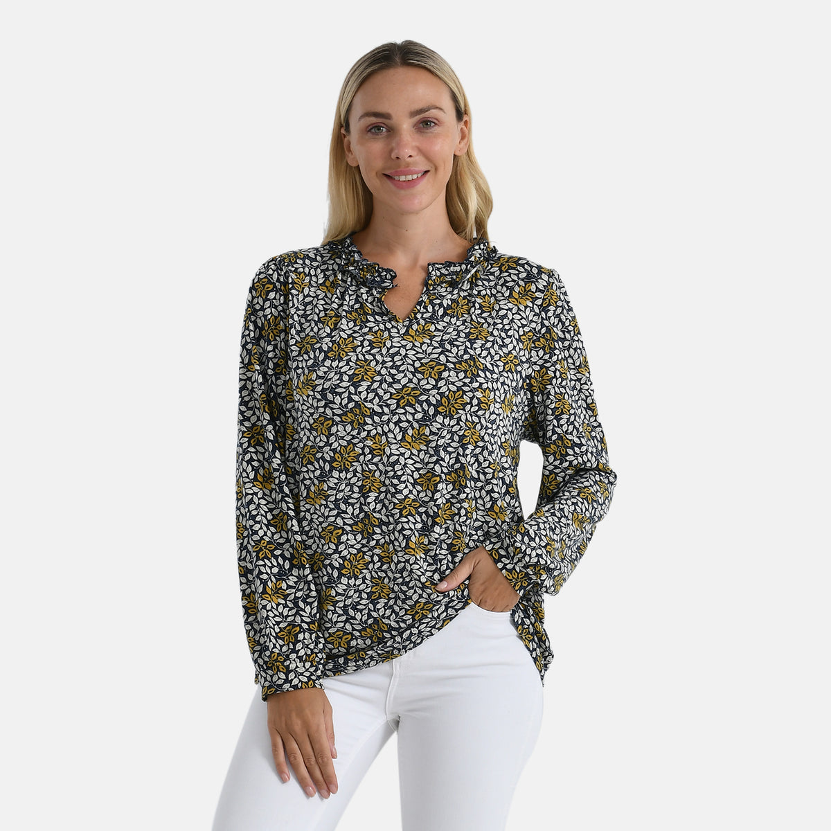 La Marey Women's Leaf Pattern Frill Jersey Blouse V32590504 0