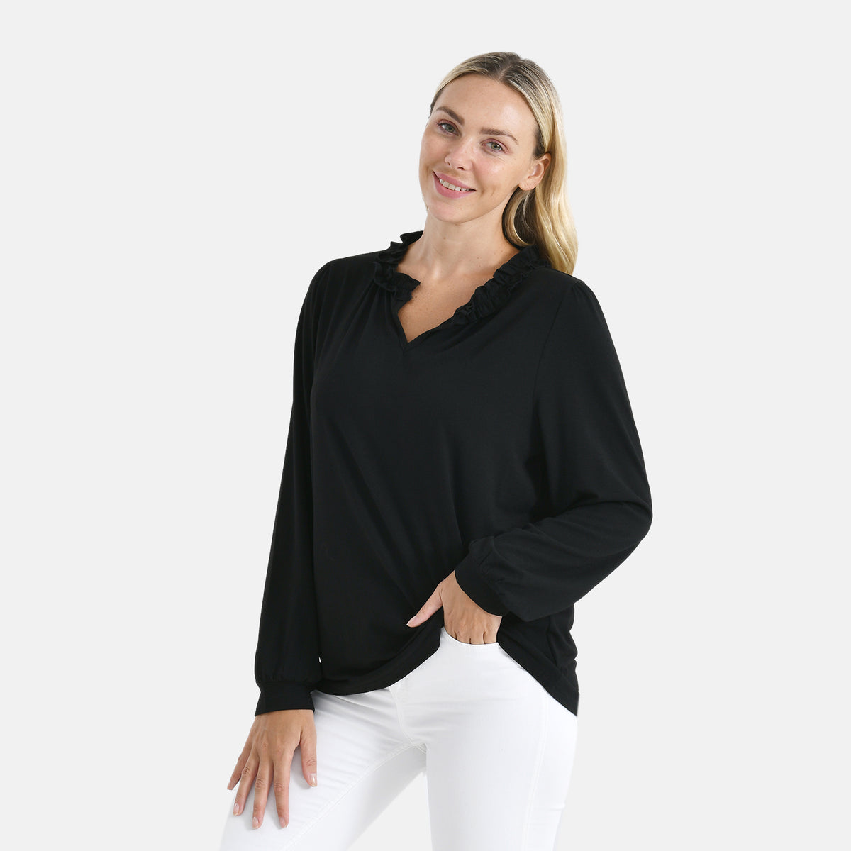 La Marey Women's Black Frill Jersey Blouse V32534239 3