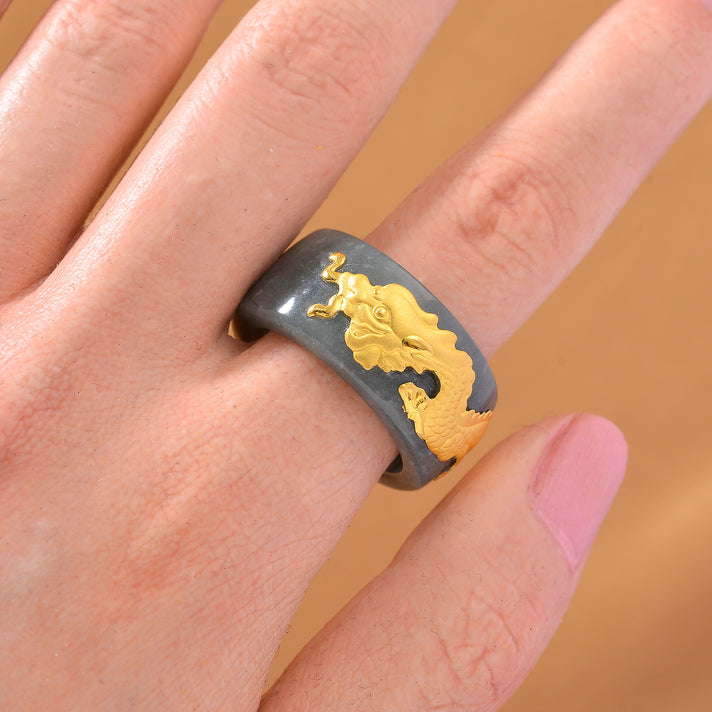 24K Yellow Gold Natural Type A Jadeite Dragon Band Ring V32615139 2