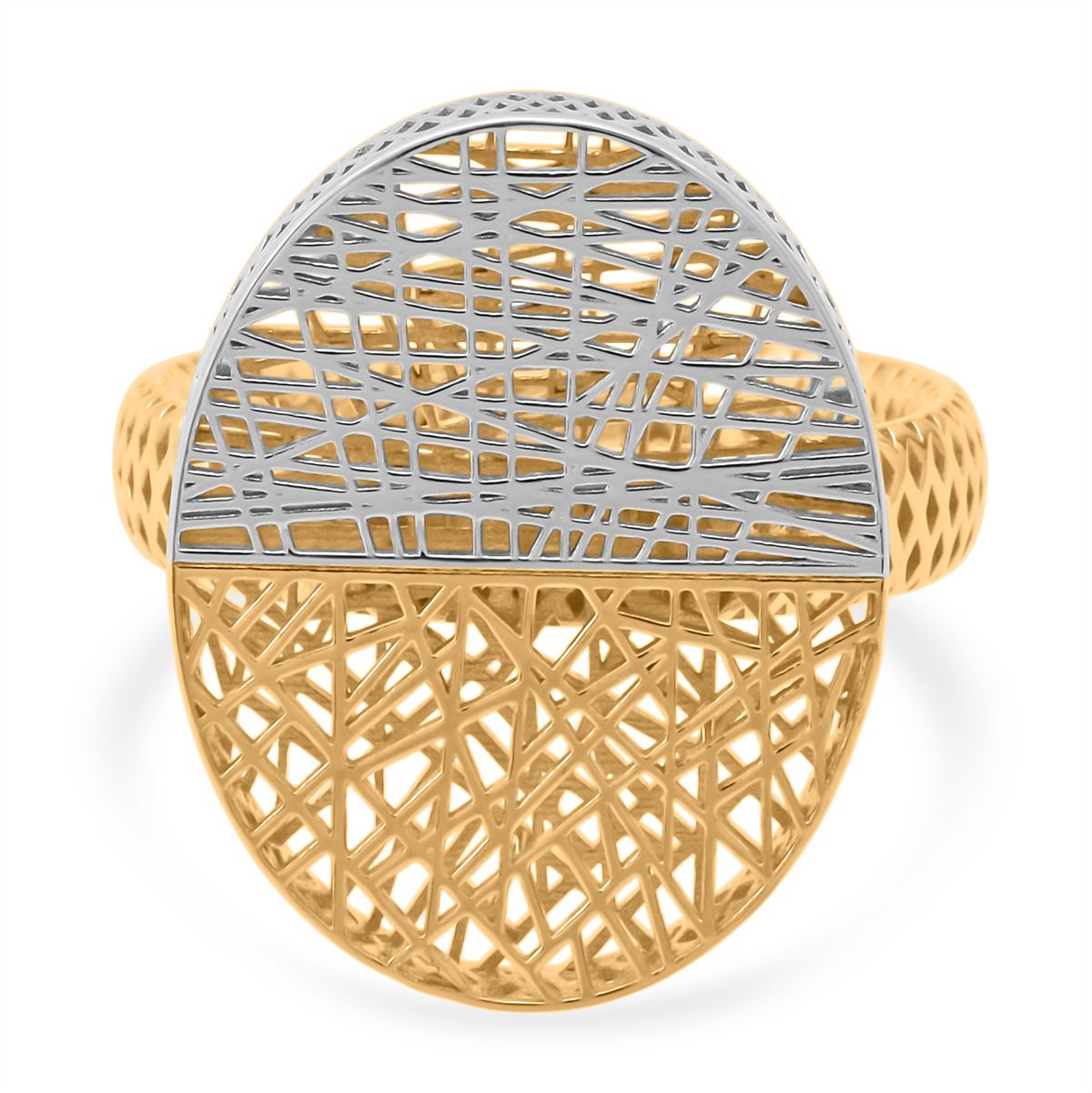 Two Tone Oval Lines Ring in Rhodium Overlay &amp; Yellow Gold Plated Sterling Silver 8240547 0