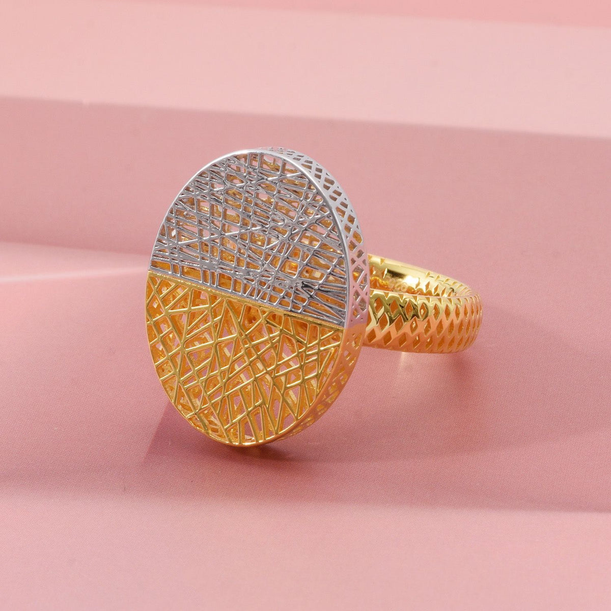 Two Tone Oval Lines Ring in Rhodium Overlay &amp; Yellow Gold Plated Sterling Silver 8240547 1