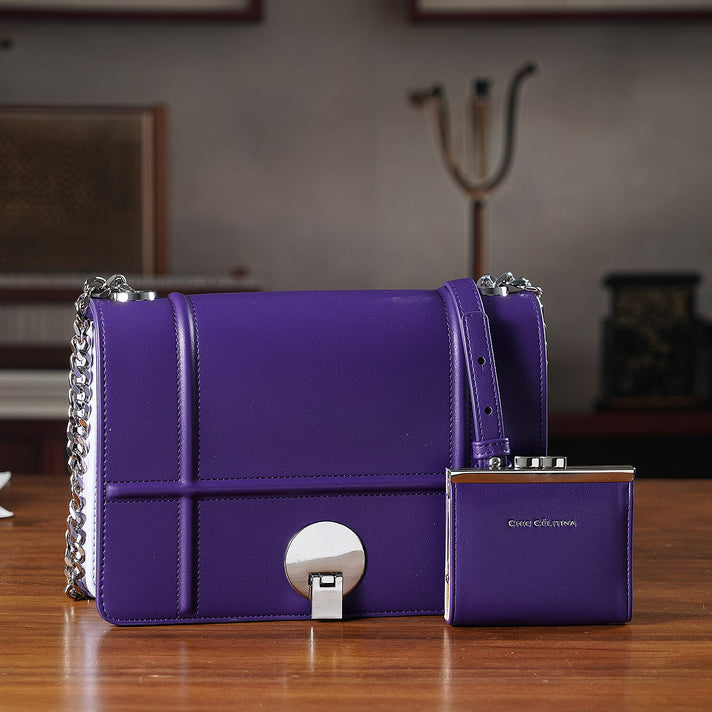 Set of 2 Structured Panel Bag with Silver Chain Strap &amp; Matching Card Slot Purse - Brown 8242677 2