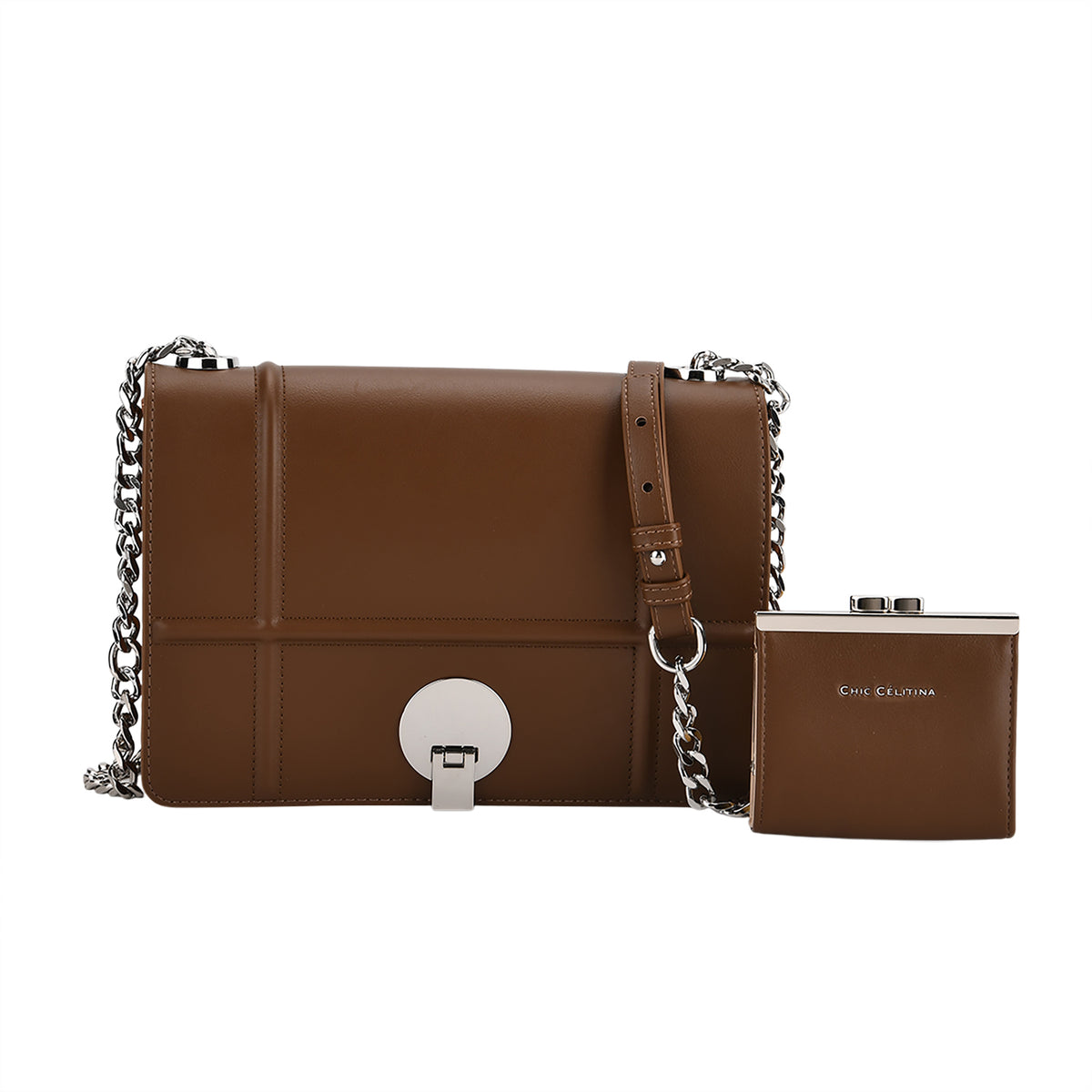 Set of 2 Structured Panel Bag with Silver Chain Strap &amp; Matching Card Slot Purse - Brown V32516374 0
