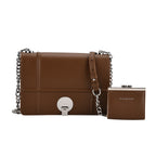 Set of 2 Structured Panel Bag with Silver Chain Strap & Matching Card Slot Purse - Brown_8242677