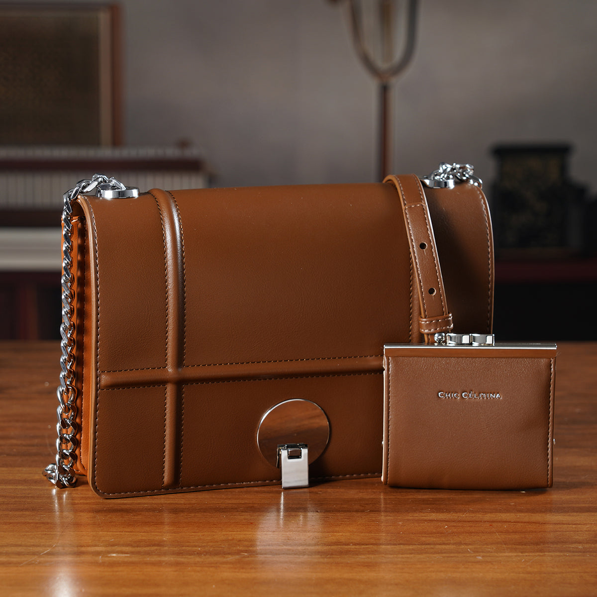 Set of 2 Structured Panel Bag with Silver Chain Strap &amp; Matching Card Slot Purse - Brown V32516374 1