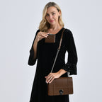 Set of 2 Structured Panel Bag with Silver Chain Strap & Matching Card Slot Purse - Brown_8242677_2