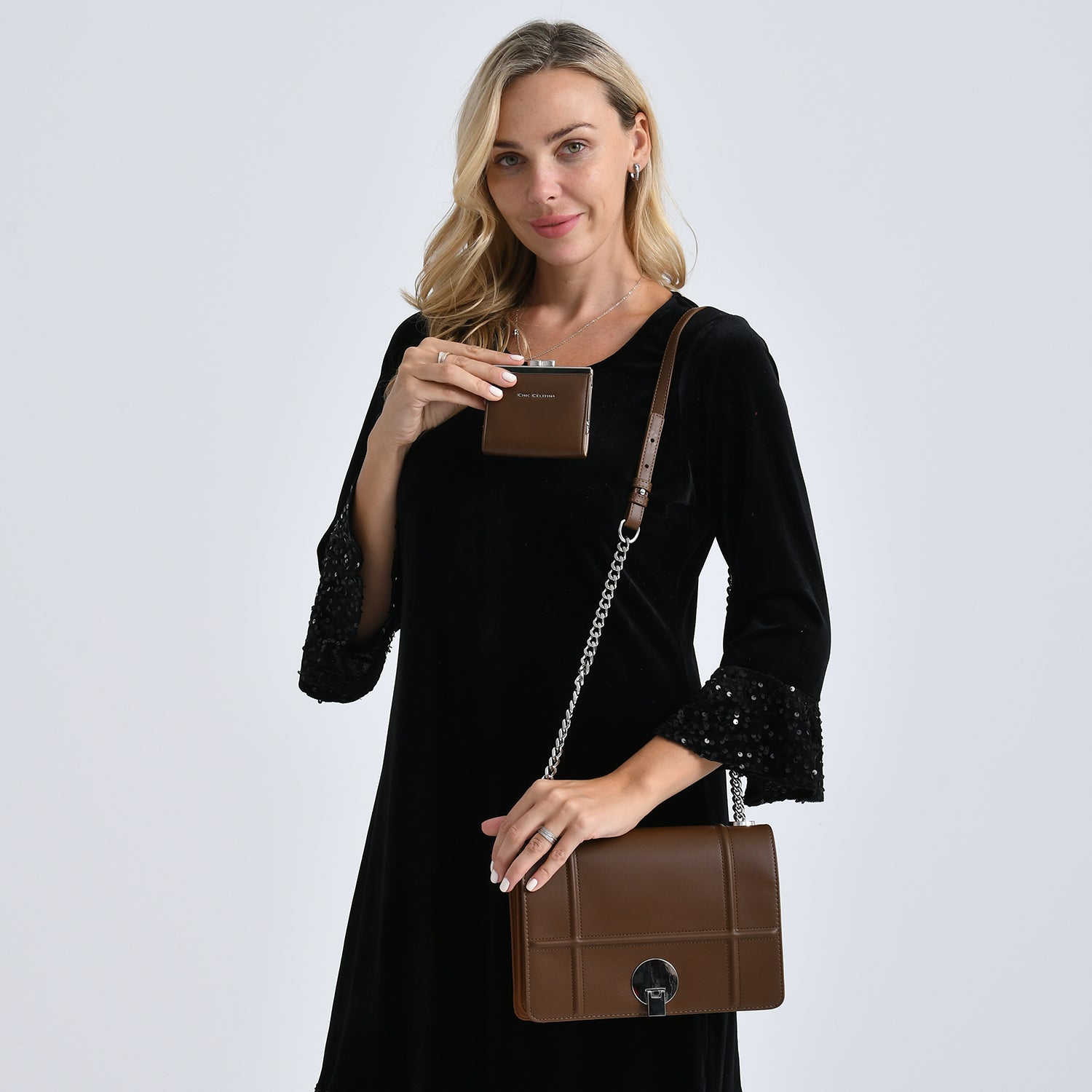 Set of 2 Structured Panel Bag with Silver Chain Strap &amp; Matching Card Slot Purse - Brown V32516374 2