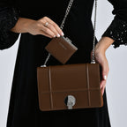 Set of 2 Structured Panel Bag with Silver Chain Strap & Matching Card Slot Purse - Brown_8242677_3