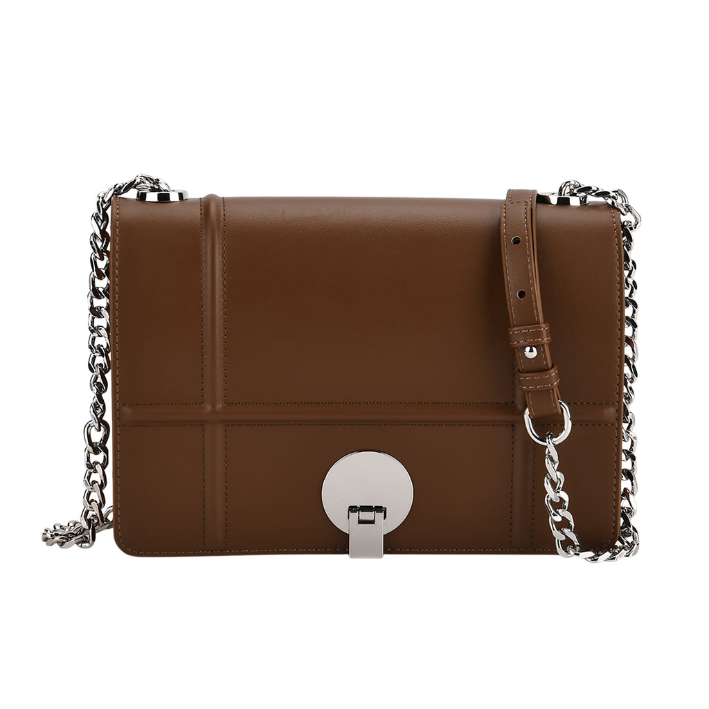 Set of 2 Structured Panel Bag with Silver Chain Strap & Matching Card Slot Purse - Brown_8242677_4