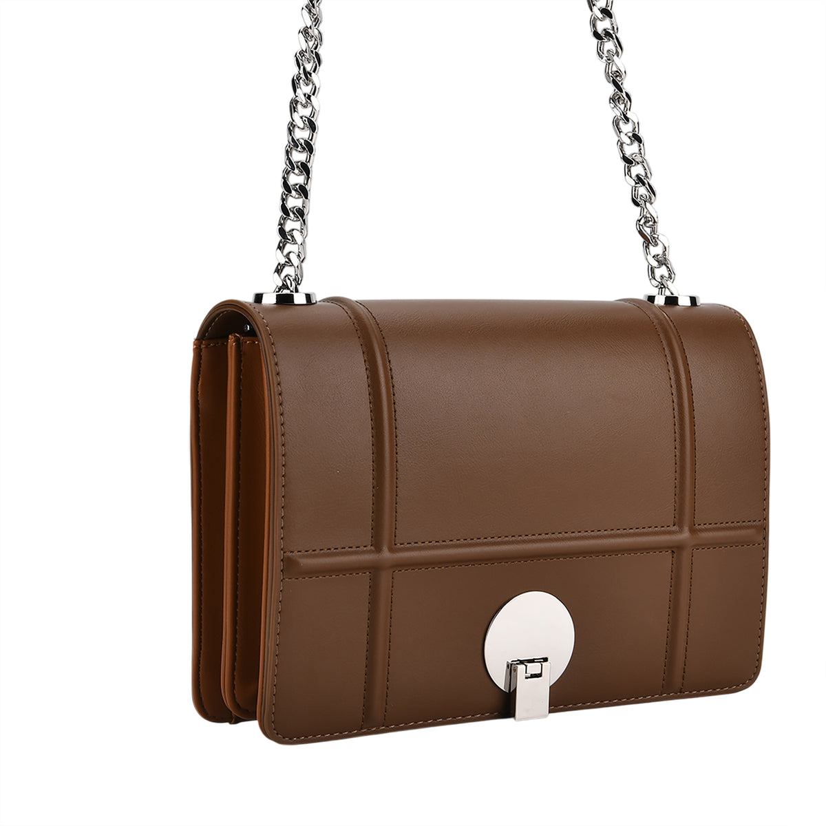 Set of 2 Structured Panel Bag with Silver Chain Strap &amp; Matching Card Slot Purse - Brown V32516374 7