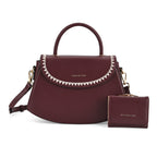 Set of 2 Pearl-Trim Crossbody Satchel Bag with Matching Card Slot Wallet - Dark Wine_8242692