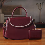 Set of 2 Pearl-Trim Crossbody Satchel Bag with Matching Card Slot Wallet - Dark Wine_8242692_1