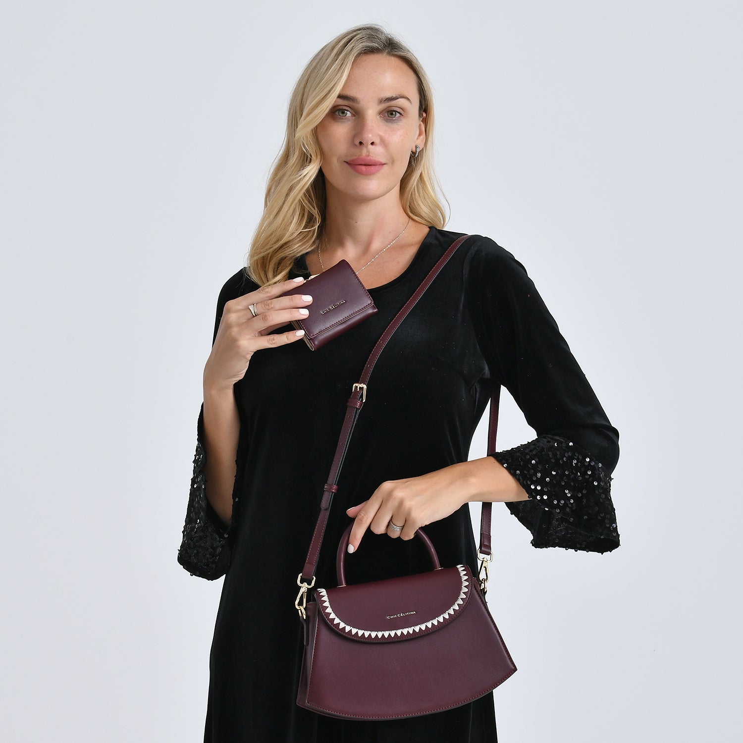 Set of 2 Pearl-Trim Crossbody Satchel Bag with Matching Card Slot Wallet - Dark Wine 8242692 2
