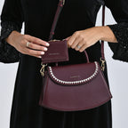 Set of 2 Pearl-Trim Crossbody Satchel Bag with Matching Card Slot Wallet - Dark Wine_8242692_3