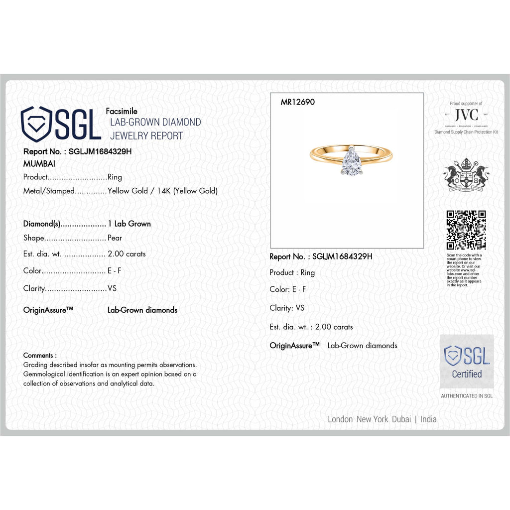 Luxuriant - 14K Yellow Gold SGL Certified Lab Grown Diamond (VS/E-F) Pear Cut Solitaire Ring 2.00 Ct._8242865_7