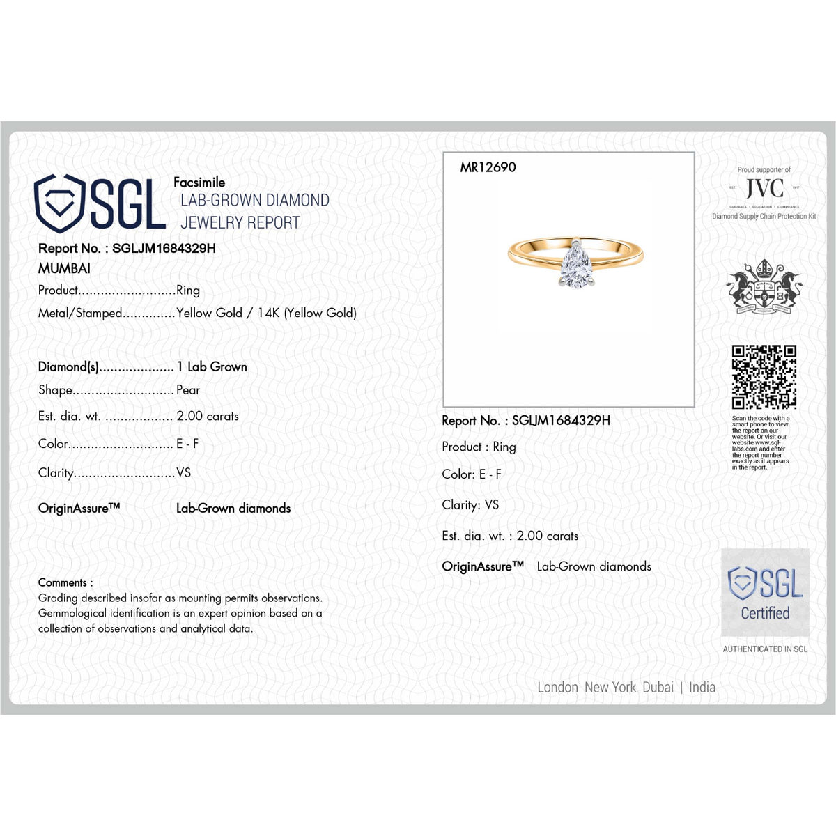 LUXURIANT 2 Ct. Lab Grown Diamond Pear Cut Solitaire Ring in 14K Yellow Gold SGL Certified (VS-EF) V32565692 7