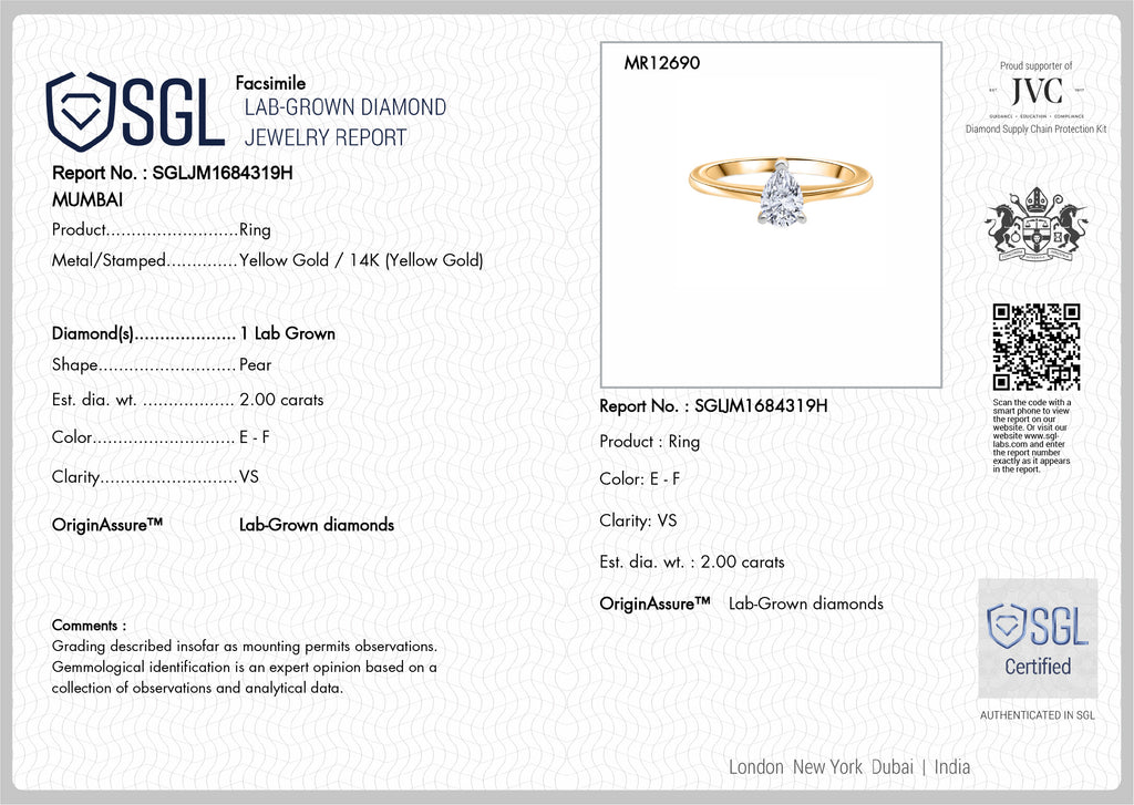 Luxuriant - 14K Yellow Gold SGL Certified Lab Grown Diamond (VS/E-F) Pear Cut Solitaire Ring 2.00 Ct._8242867_8
