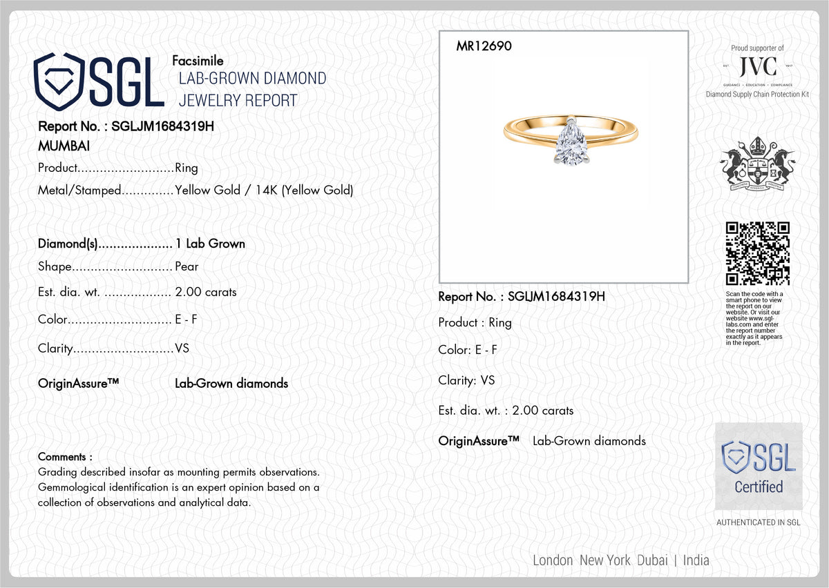 LUXURIANT 2 Ct. Lab Grown Diamond Pear Cut Solitaire Ring in 14K Yellow Gold SGL Certified (VS-EF) V32590755 7