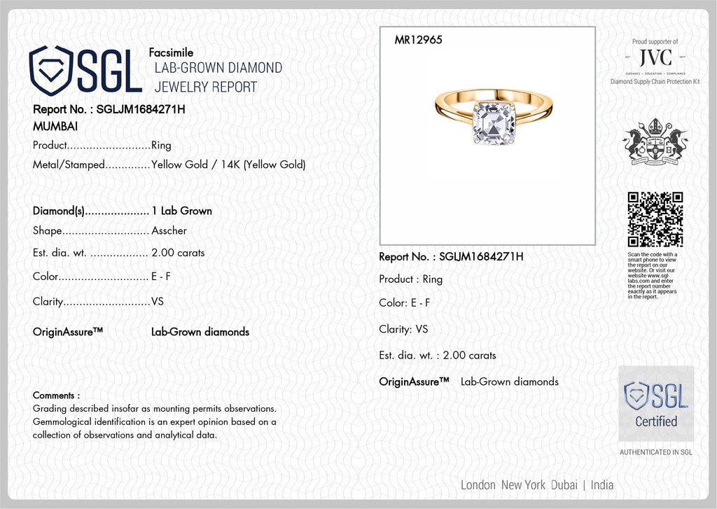 Luxuriant 14K Yellow Gold SGL Certified Lab Grown Diamond (VS/EF) Asscher Cut Ring 2.00 Ct._8242879_7