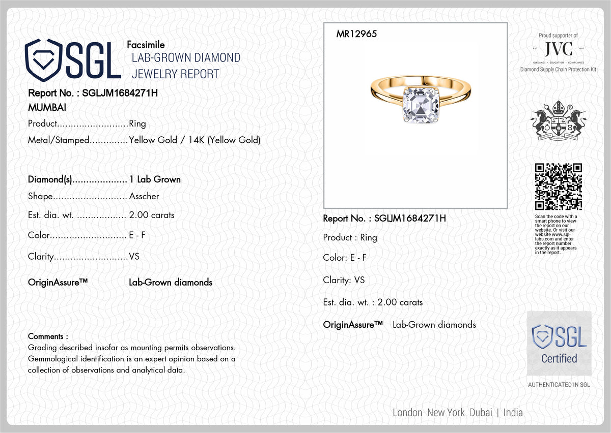 LUXURIANT 2 Ct. Lab Grown Diamond Asscher Cut Solitaire Ring in 14K Yellow Gold SGL Certified (VS-EF) V32659950 7