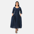 & Maisi Smocked Crepe Midi Dress With Waist Belt And Pockets (One Size) - Navy Blue_8243895