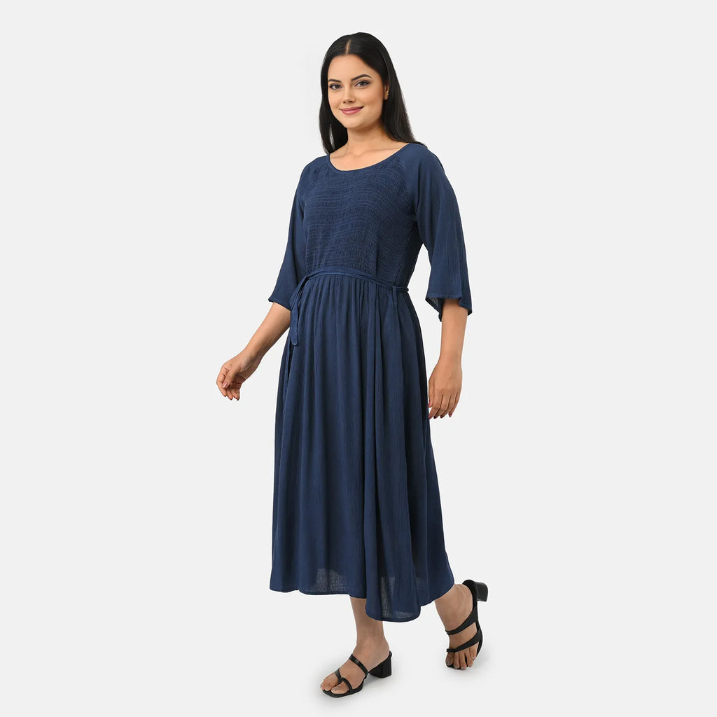 & Maisi Smocked Crepe Midi Dress With Waist Belt And Pockets (One Size) - Navy Blue_8243895_1